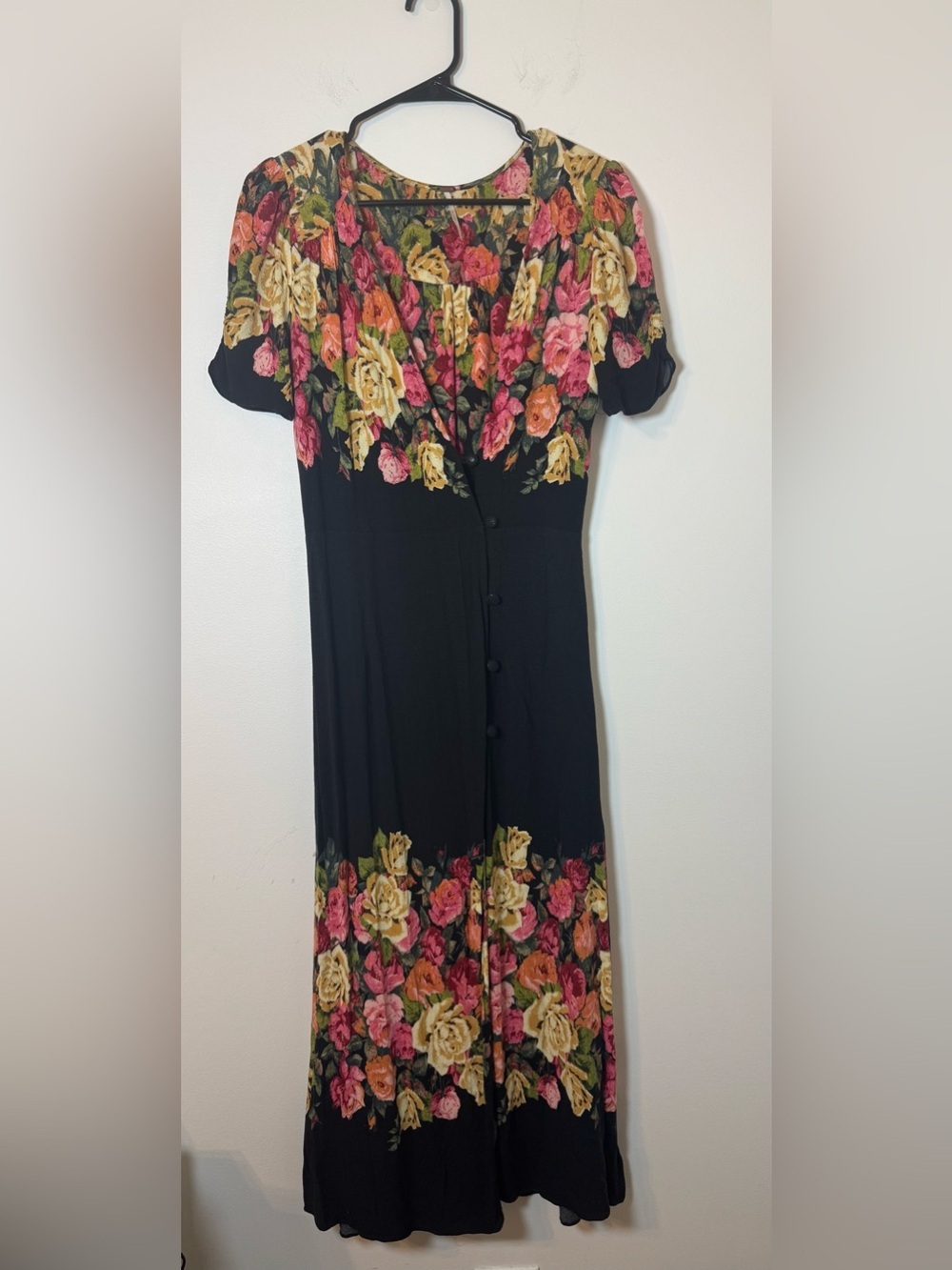 Free People Floral Midi Dress Black Boho Button Front Small